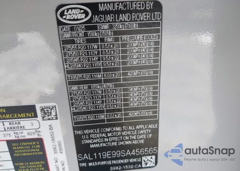 2025 Land Rover Range Rover Sport P530 Autobiography z USA, uszkodzony, nr VIN SAL119E99SA456565